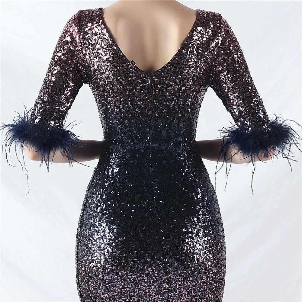 Elegant Feather Gradient Sequin Long Sleeve Evening Dress