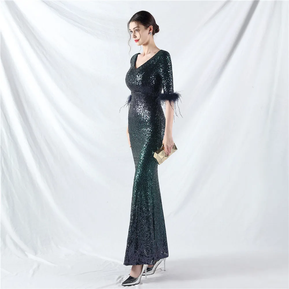 Elegant Feather Gradient Sequin Long Sleeve Evening Dress