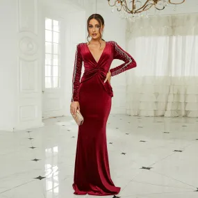 Elegant Fringe Long Sleeve Velvet Evening Dress