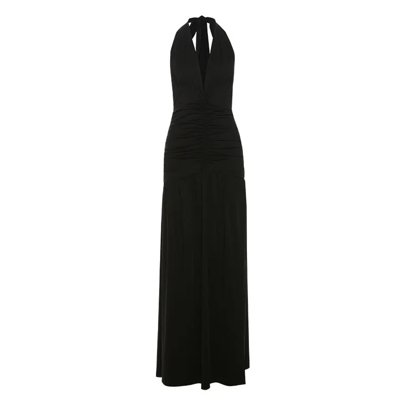 Elegant Halter V Neck Sexy Slit Pleated Backless Evening Dress