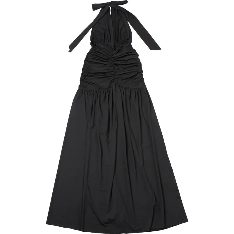 Elegant Halter V Neck Sexy Slit Pleated Backless Evening Dress