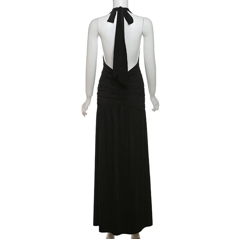 Elegant Halter V Neck Sexy Slit Pleated Backless Evening Dress
