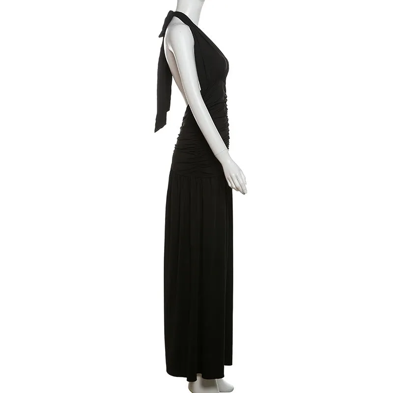 Elegant Halter V Neck Sexy Slit Pleated Backless Evening Dress