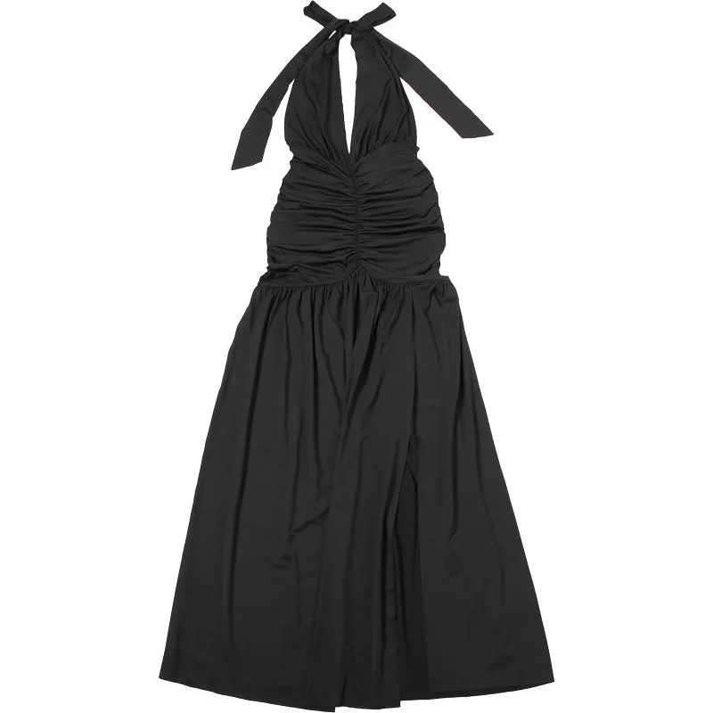 Elegant Halter V Neck Sexy Slit Pleated Backless Evening Dress