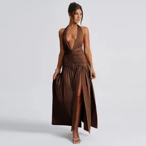 Elegant Halter V Neck Sexy Slit Pleated Backless Evening Dress