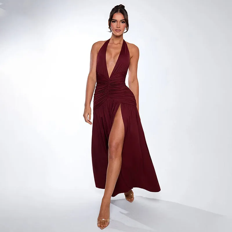 Elegant Halter V Neck Sexy Slit Pleated Backless Evening Dress