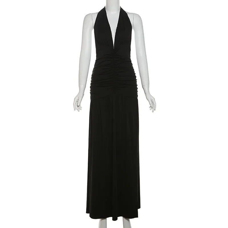 Elegant Halter V Neck Sexy Slit Pleated Backless Evening Dress