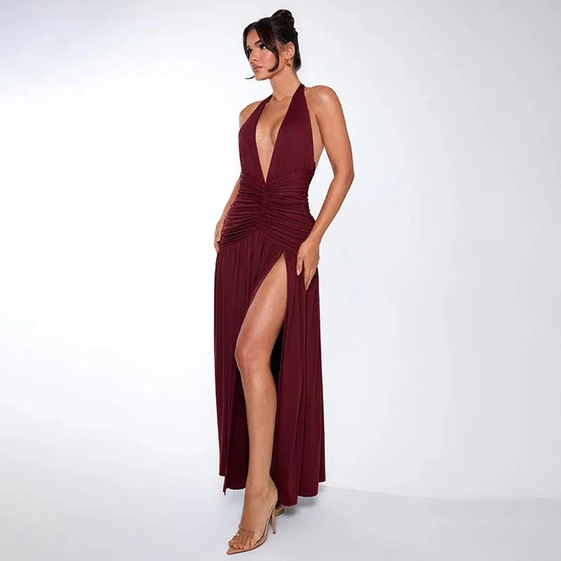 Elegant Halter V Neck Sexy Slit Pleated Backless Evening Dress