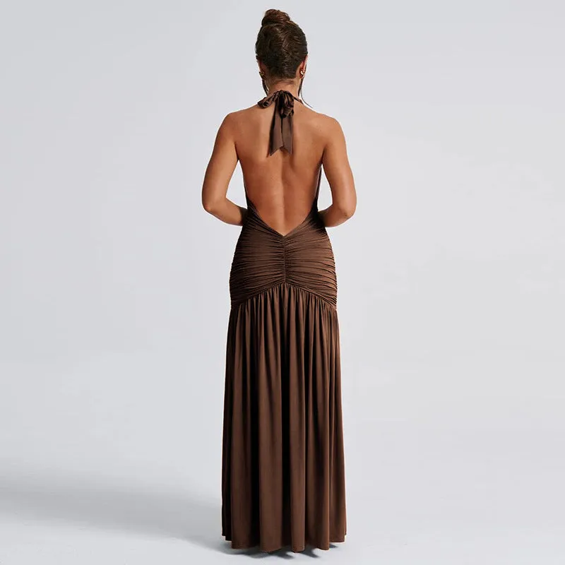 Elegant Halter V Neck Sexy Slit Pleated Backless Evening Dress