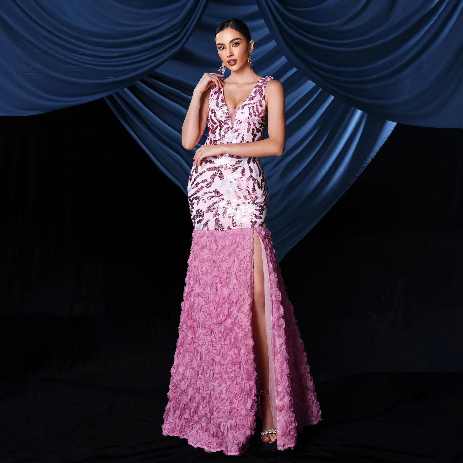 Elegant V neck Sequined Fishtail Evening Dress