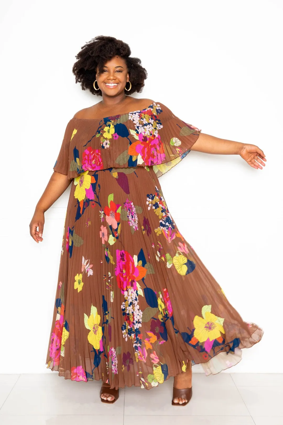 FLOWER OFF SHOULDER PLEATED MAXI DRESS