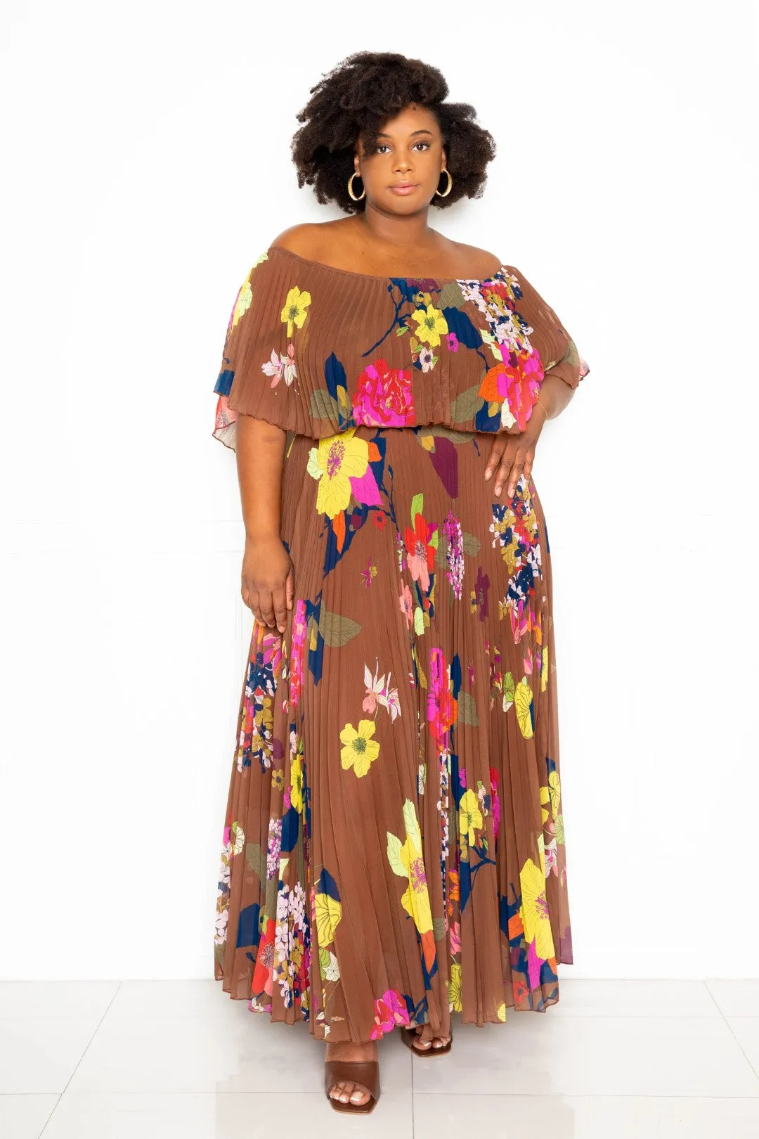 FLOWER OFF SHOULDER PLEATED MAXI DRESS