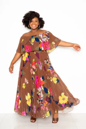 FLOWER OFF SHOULDER PLEATED MAXI DRESS