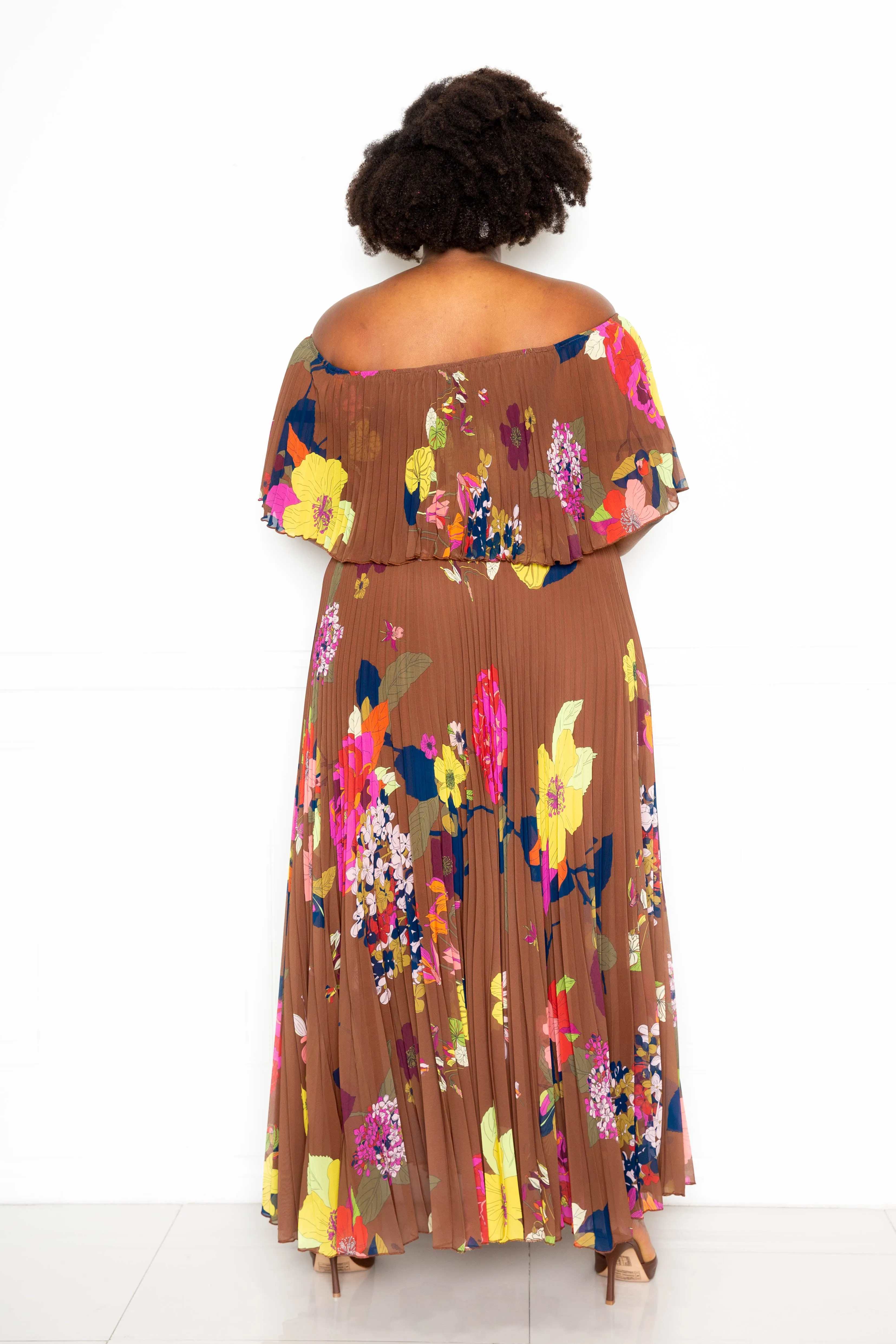 FLOWER OFF SHOULDER PLEATED MAXI DRESS