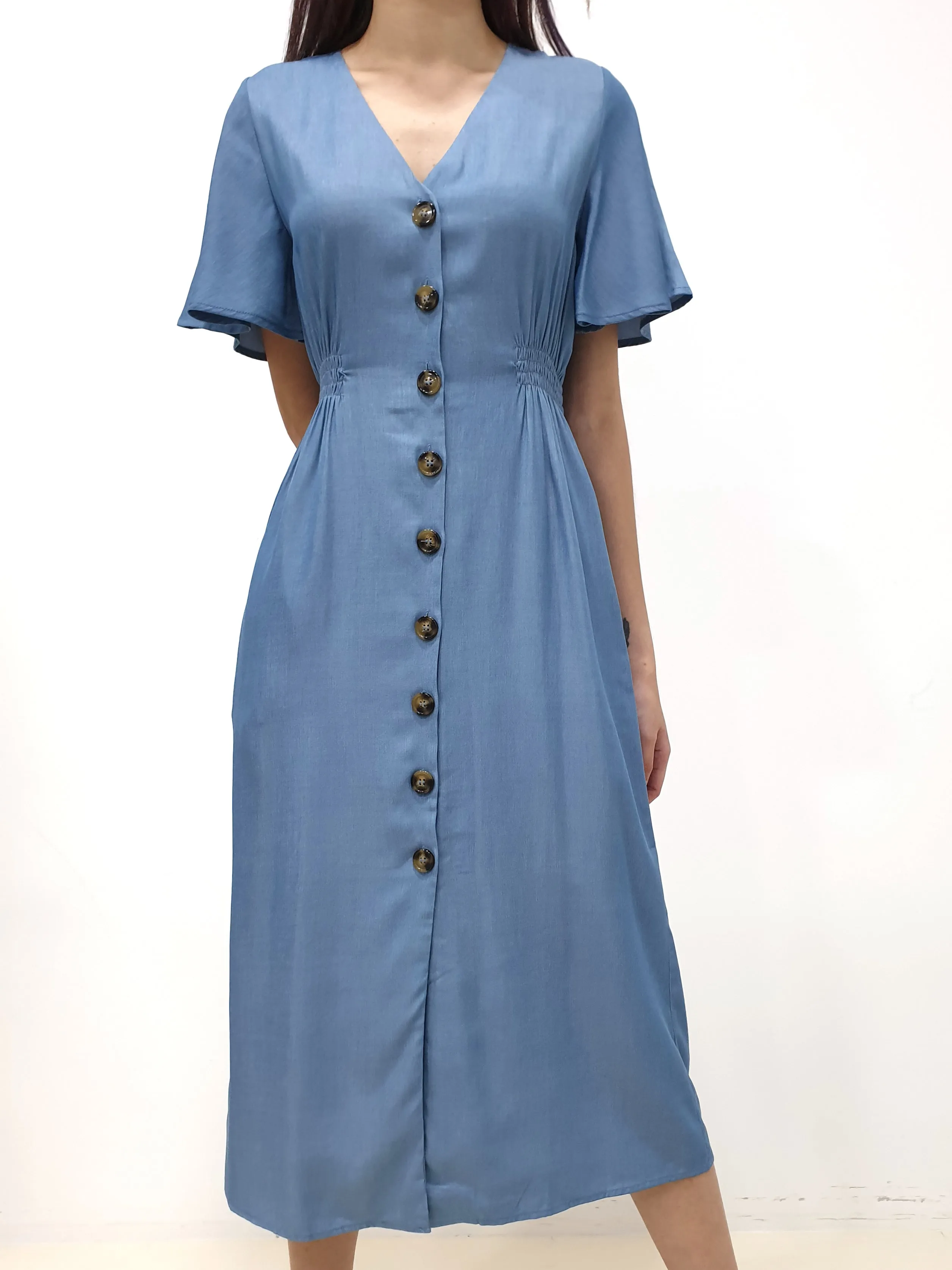 Flutter Sleeve Button Down Dress - Blue (Non-returnable)