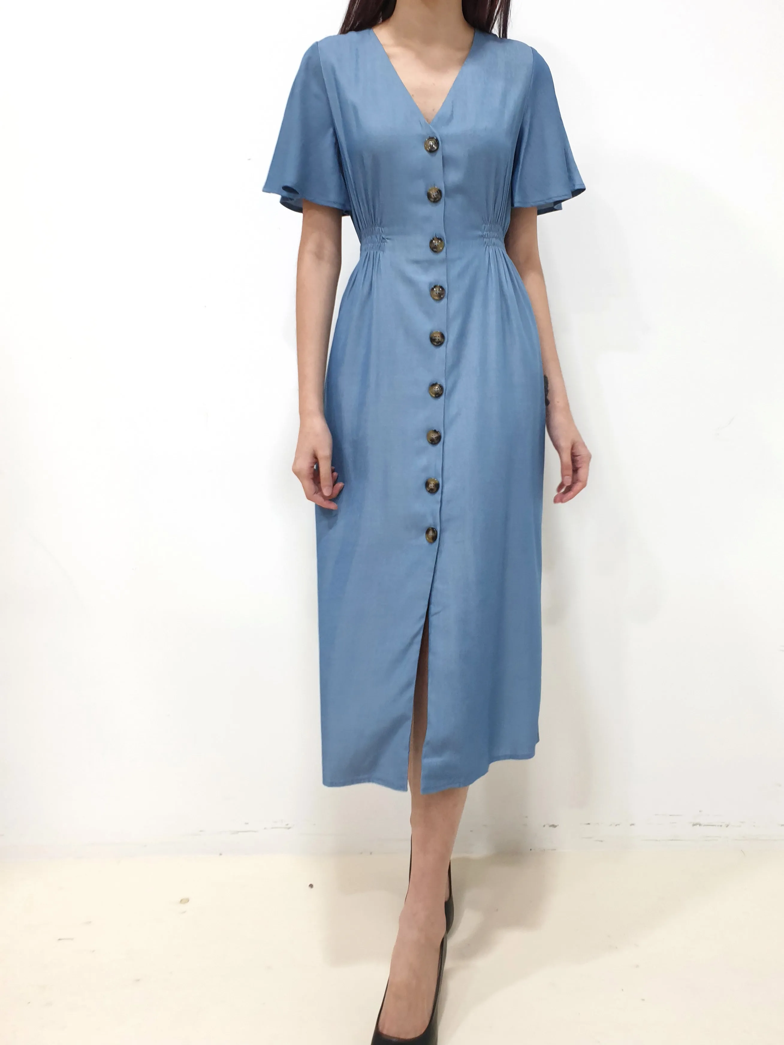 Flutter Sleeve Button Down Dress - Blue (Non-returnable)