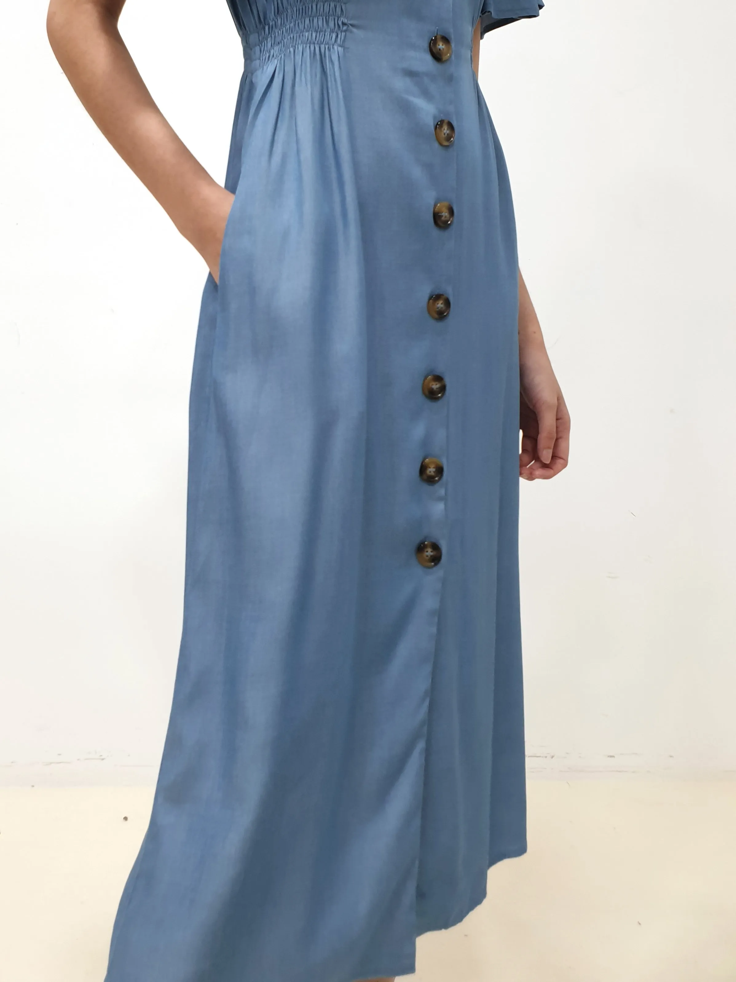 Flutter Sleeve Button Down Dress - Blue (Non-returnable)