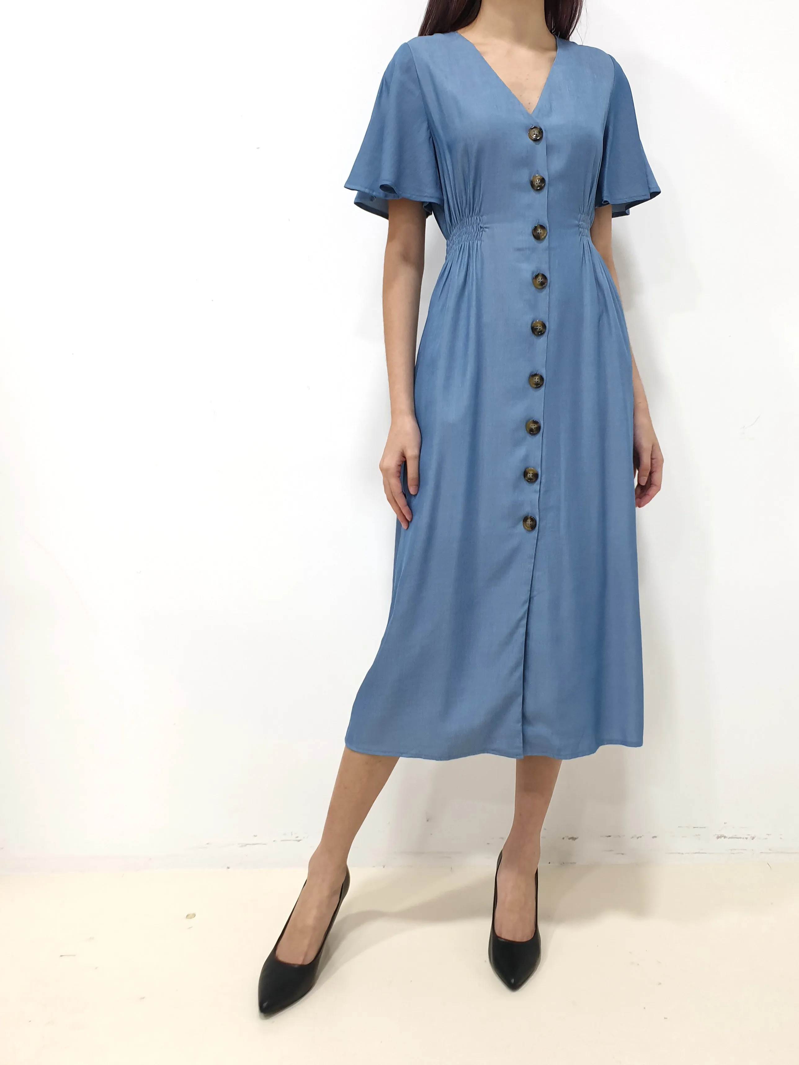 Flutter Sleeve Button Down Dress - Blue (Non-returnable)