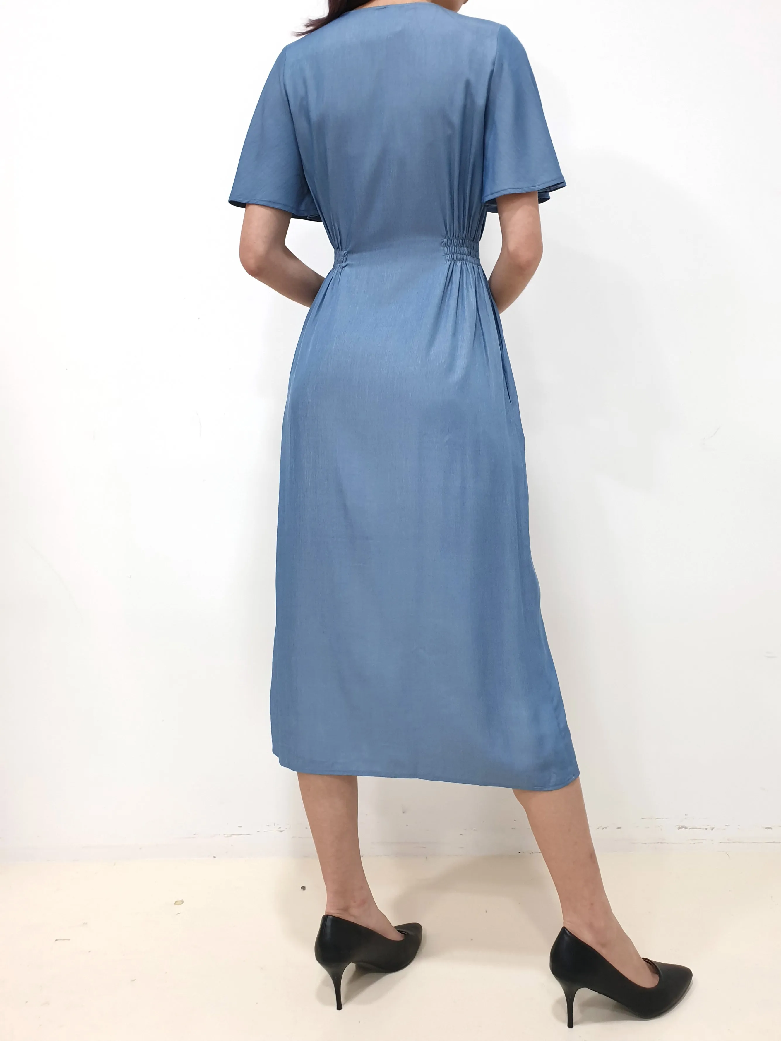 Flutter Sleeve Button Down Dress - Blue (Non-returnable)
