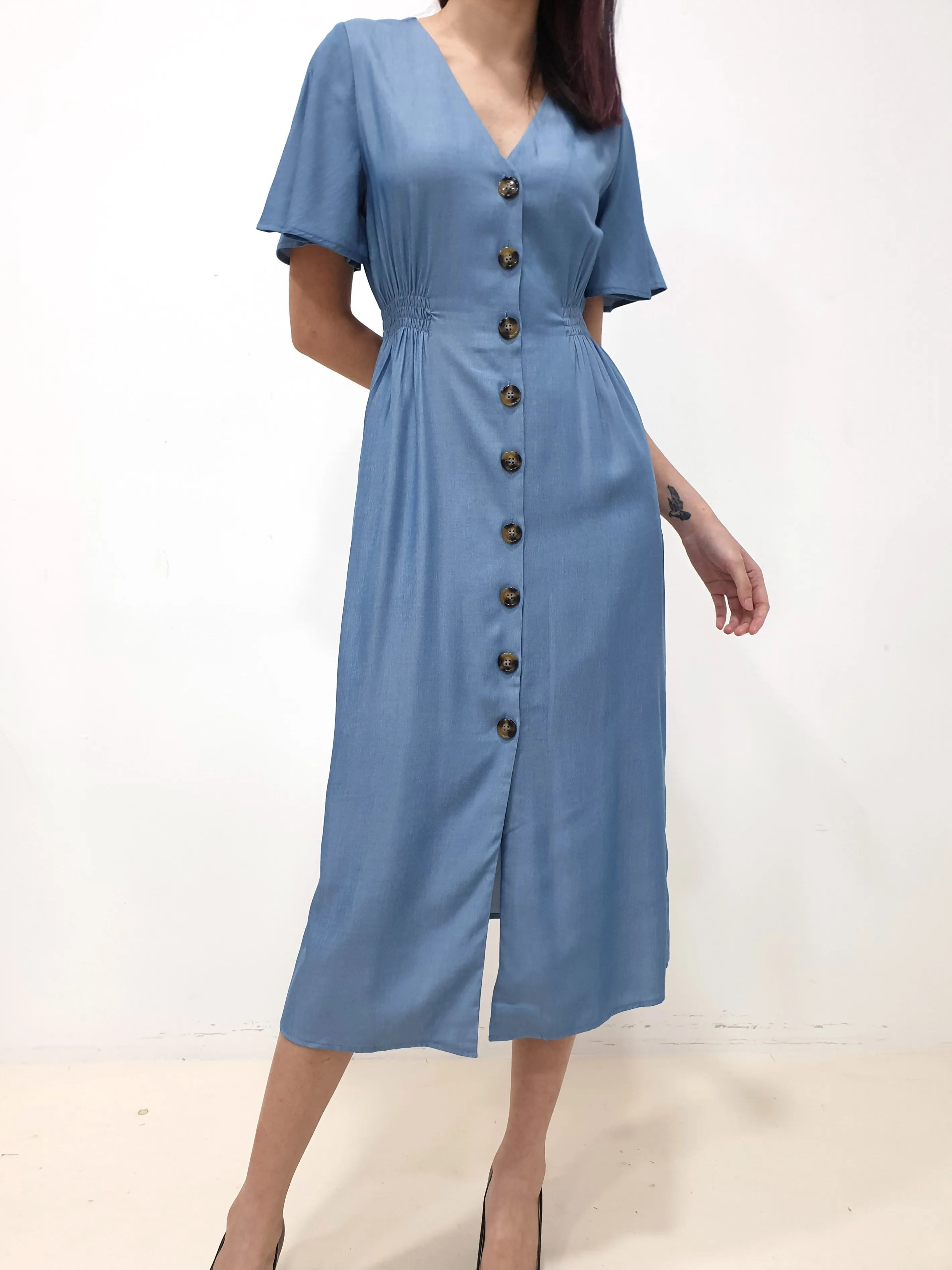 Flutter Sleeve Button Down Dress - Blue (Non-returnable)