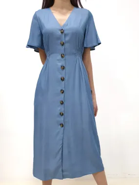 Flutter Sleeve Button Down Dress - Blue (Non-returnable)