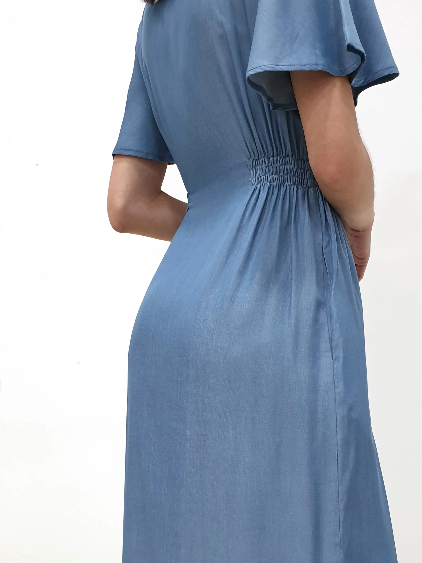 Flutter Sleeve Button Down Dress - Blue (Non-returnable)