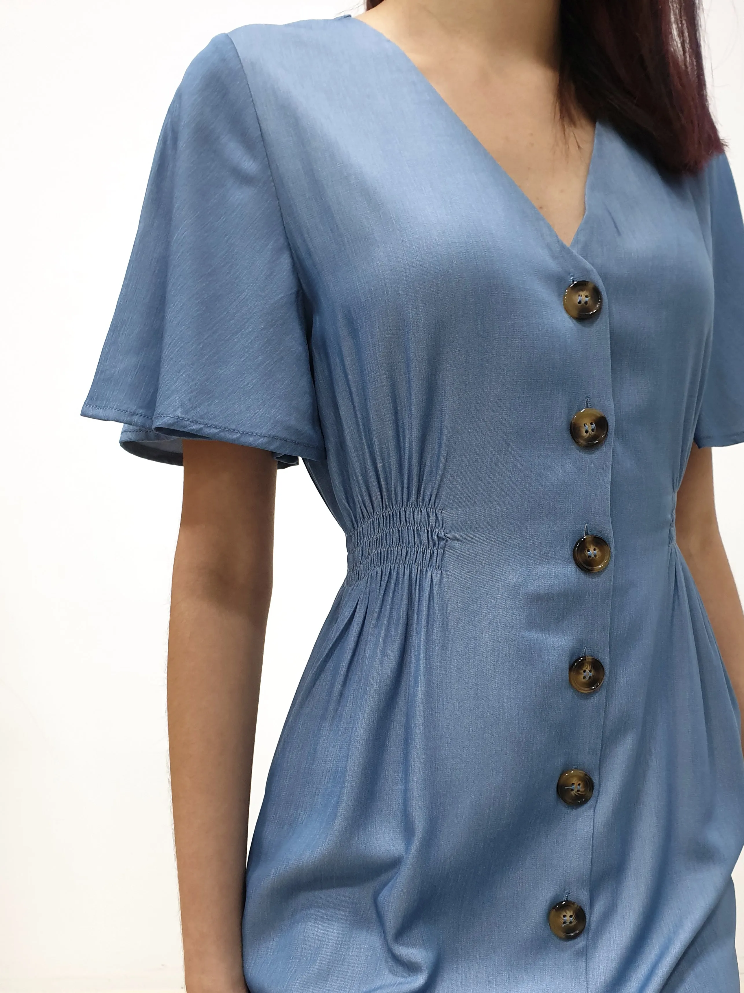 Flutter Sleeve Button Down Dress - Blue (Non-returnable)
