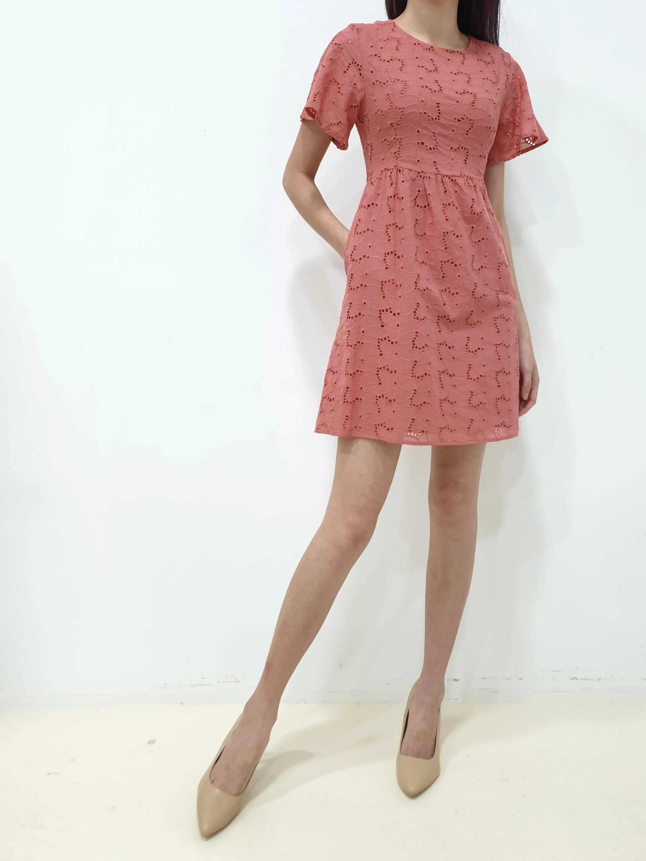 Flutter Sleeve Eyelet Dress (Non-returnable)