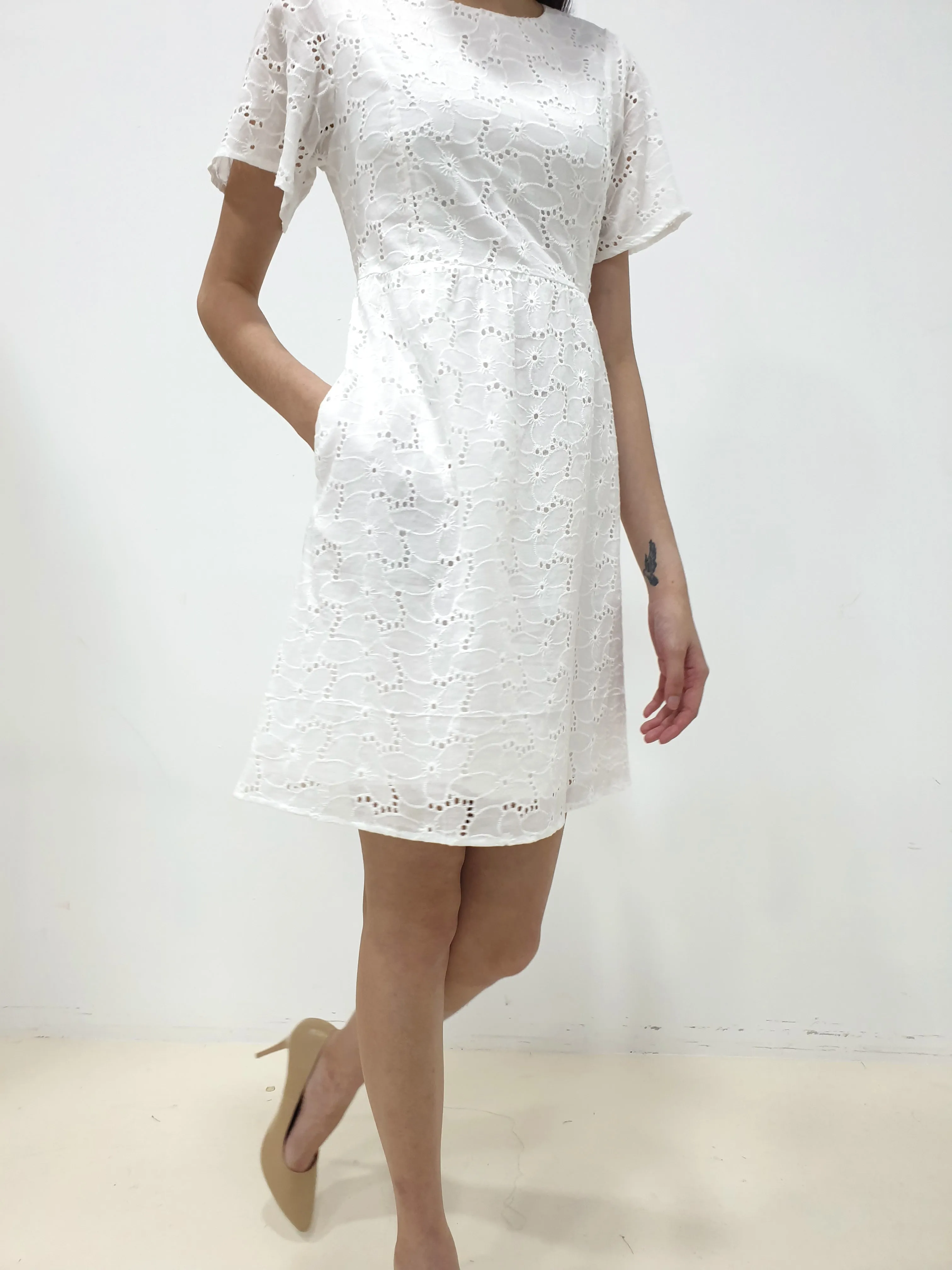 Flutter Sleeve Eyelet Dress (Non-returnable)