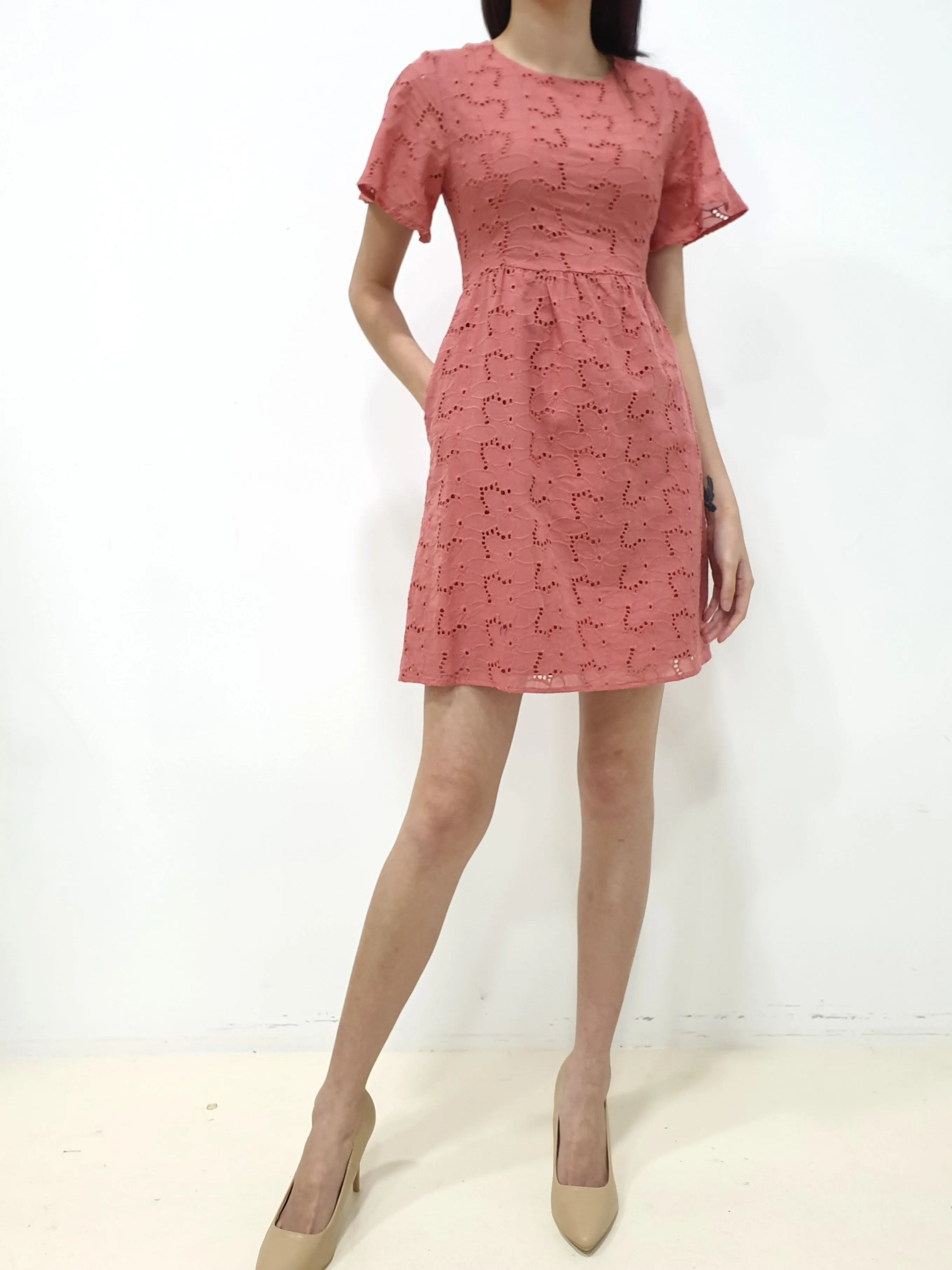 Flutter Sleeve Eyelet Dress (Non-returnable)