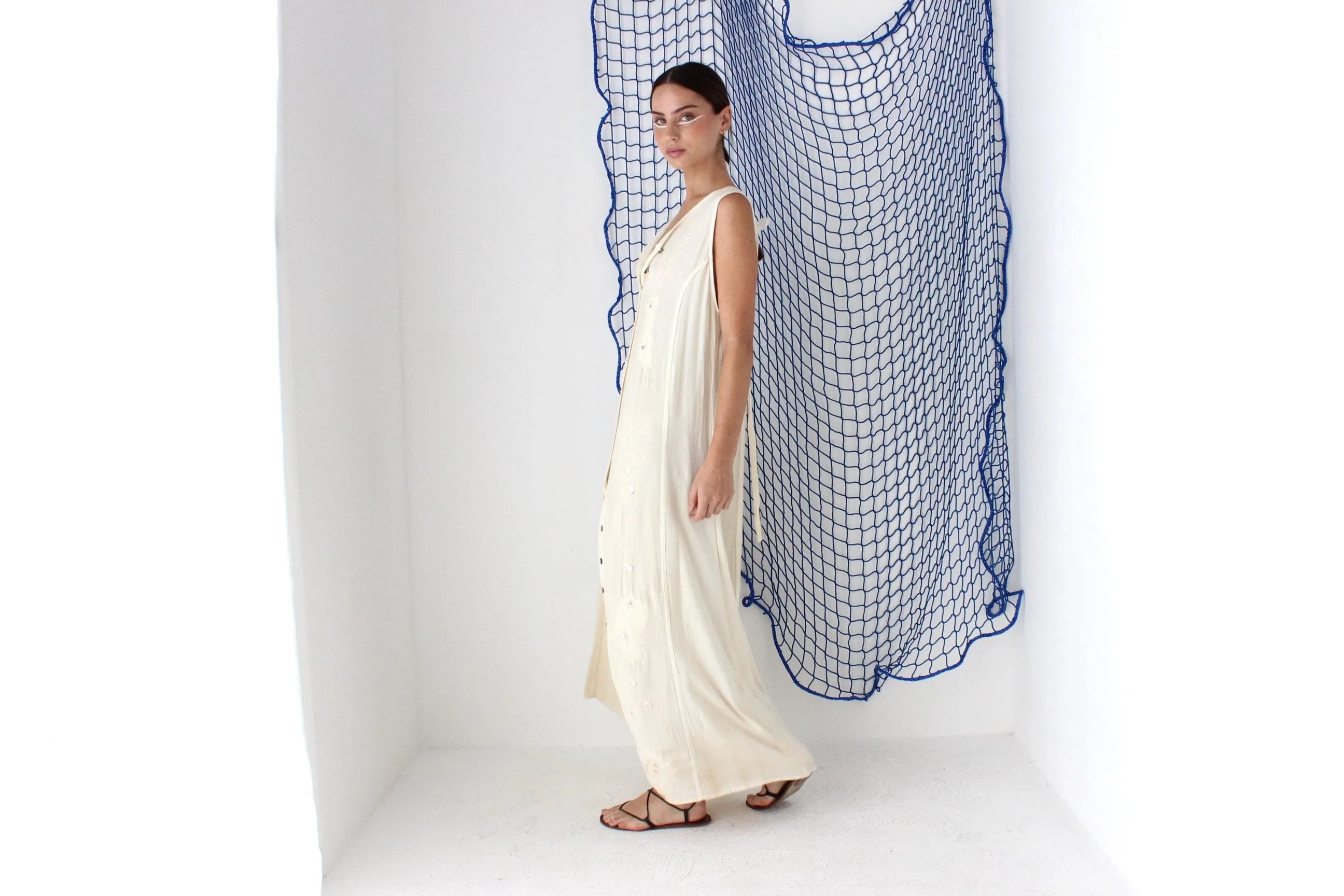FOUND IN GREECE 90s Gauze Relaxed Button Front Dress w/ Mirror Embellishment