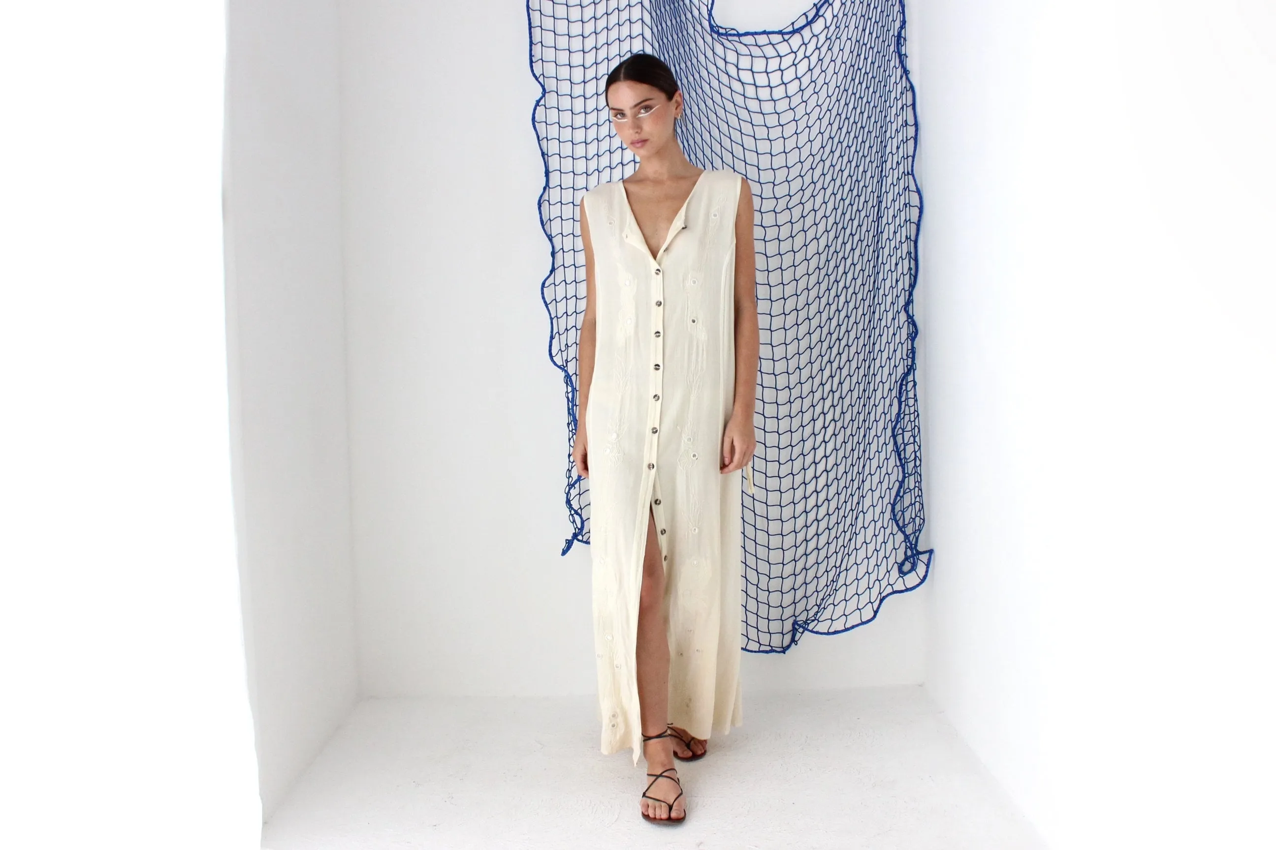 FOUND IN GREECE 90s Gauze Relaxed Button Front Dress w/ Mirror Embellishment