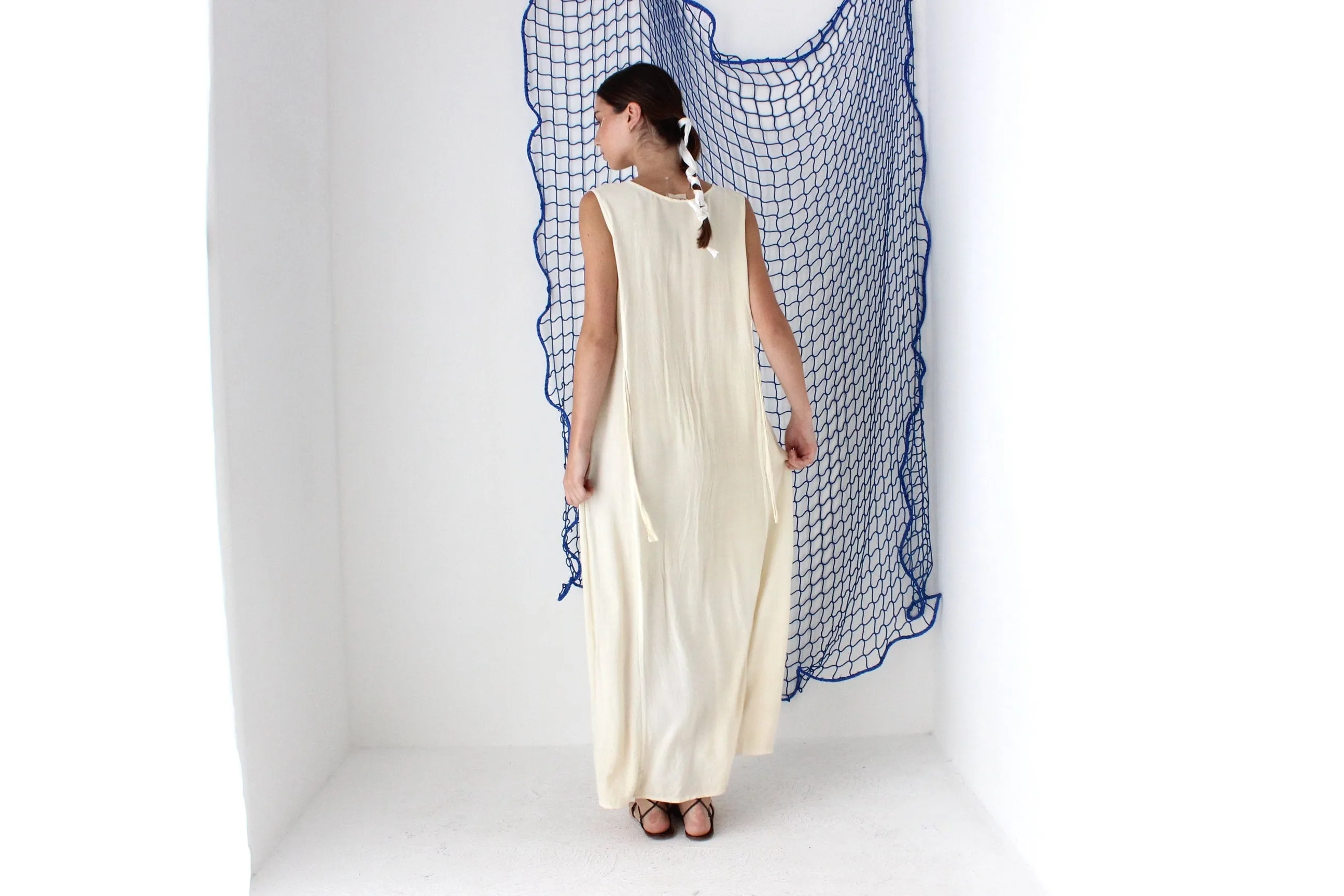 FOUND IN GREECE 90s Gauze Relaxed Button Front Dress w/ Mirror Embellishment