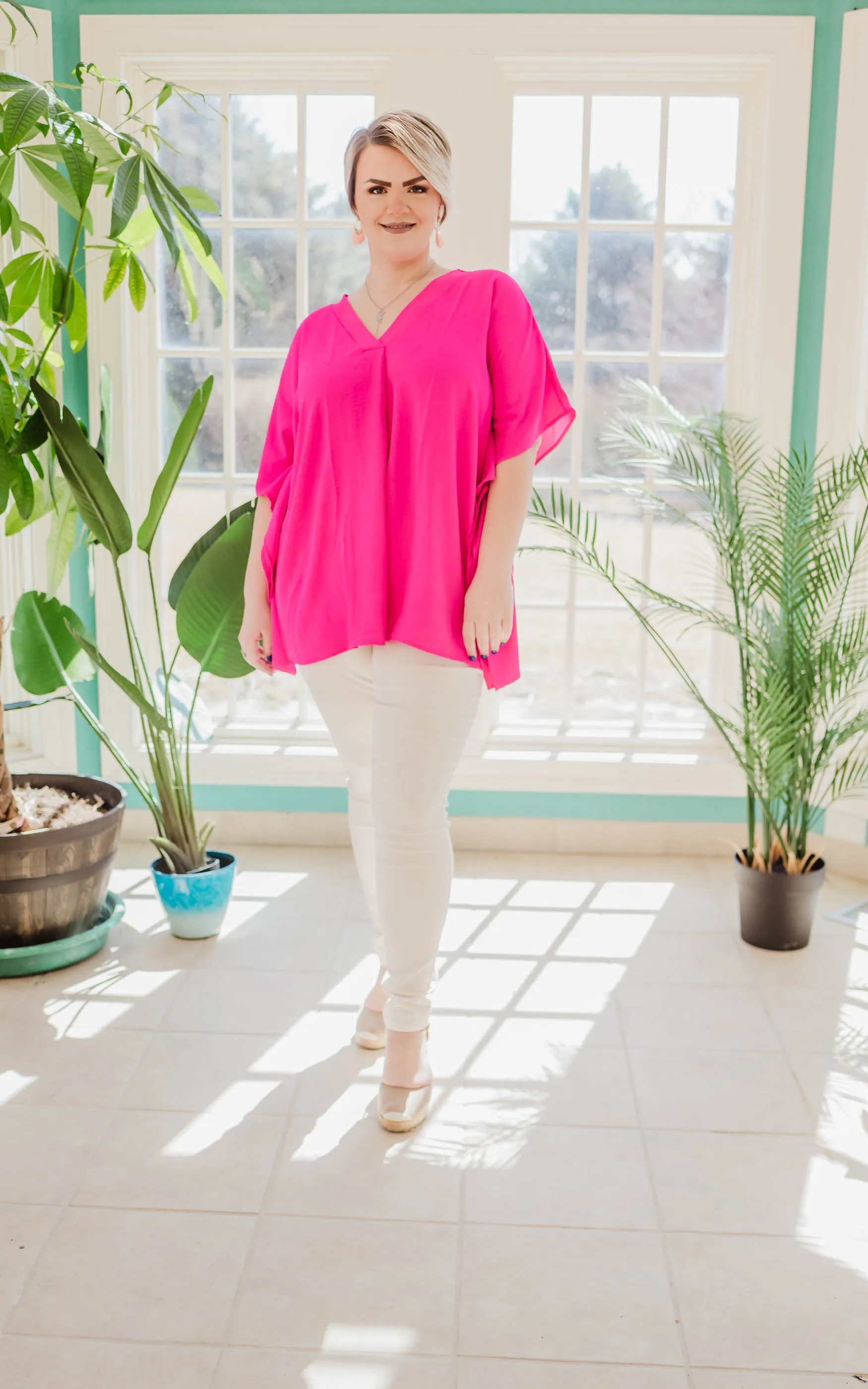 Fuchsia V-Neck Oversized Tunic Top - Final Sale