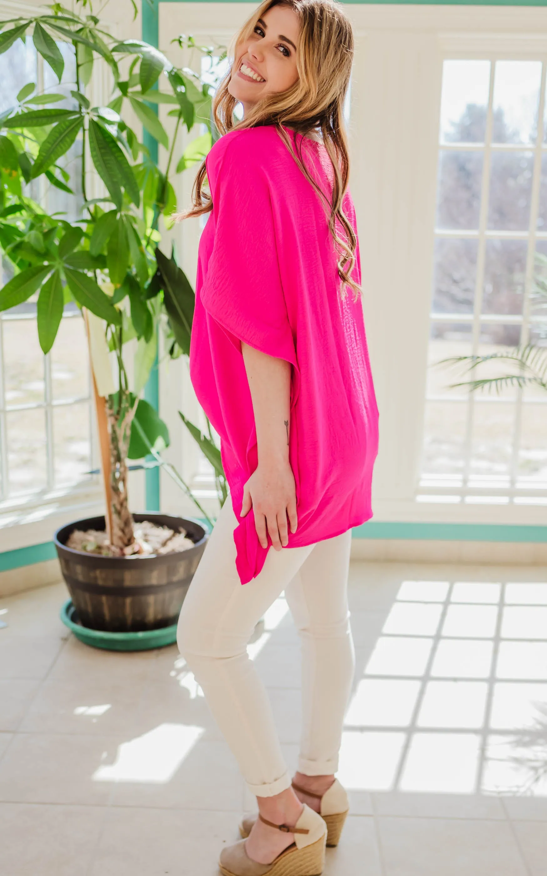 Fuchsia V-Neck Oversized Tunic Top - Final Sale