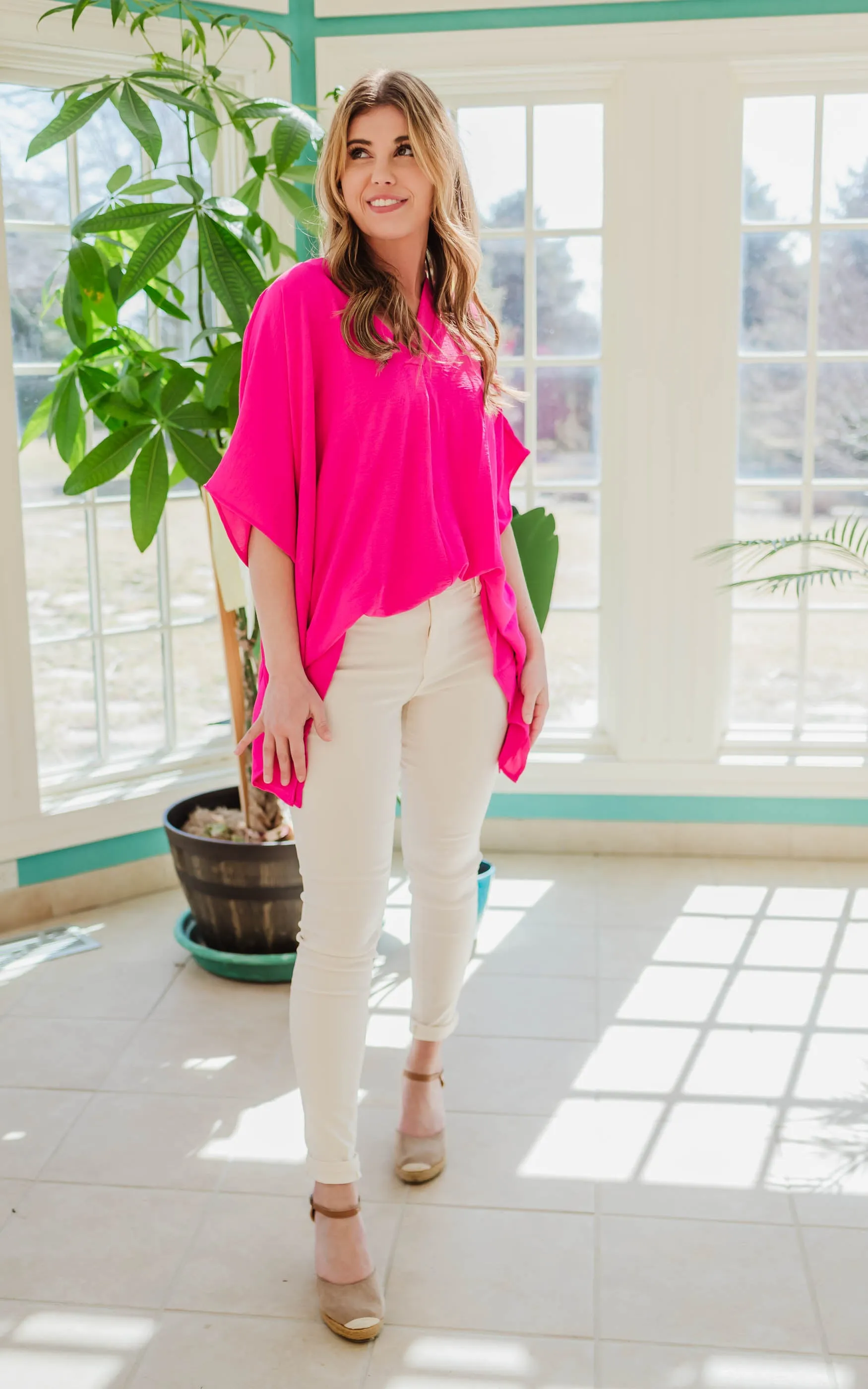 Fuchsia V-Neck Oversized Tunic Top - Final Sale