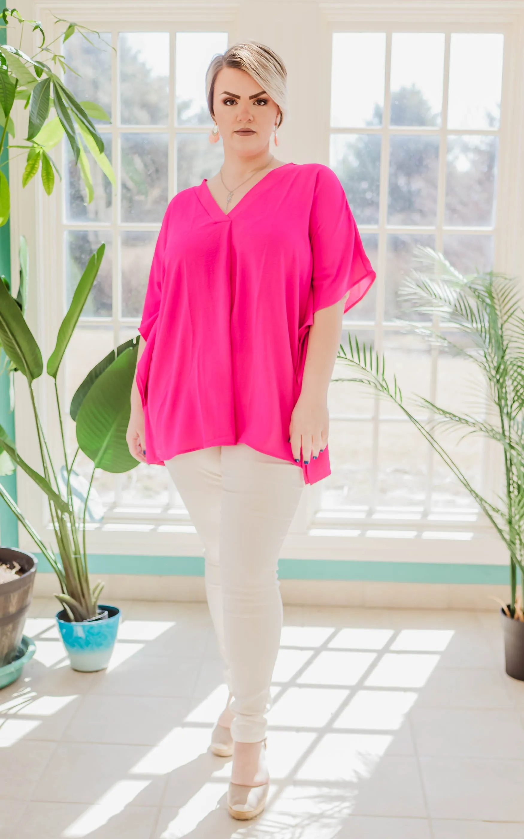 Fuchsia V-Neck Oversized Tunic Top - Final Sale