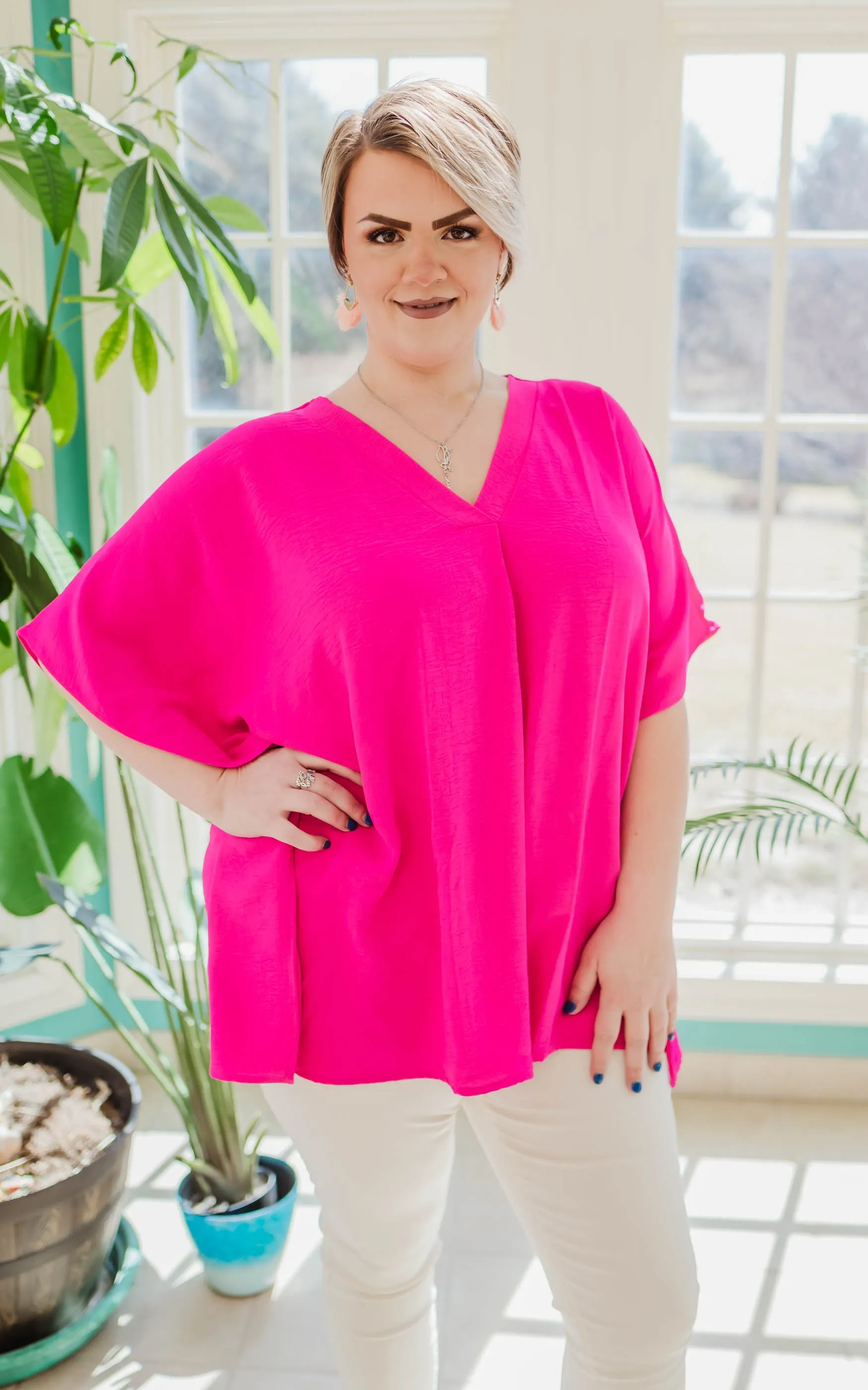 Fuchsia V-Neck Oversized Tunic Top - Final Sale