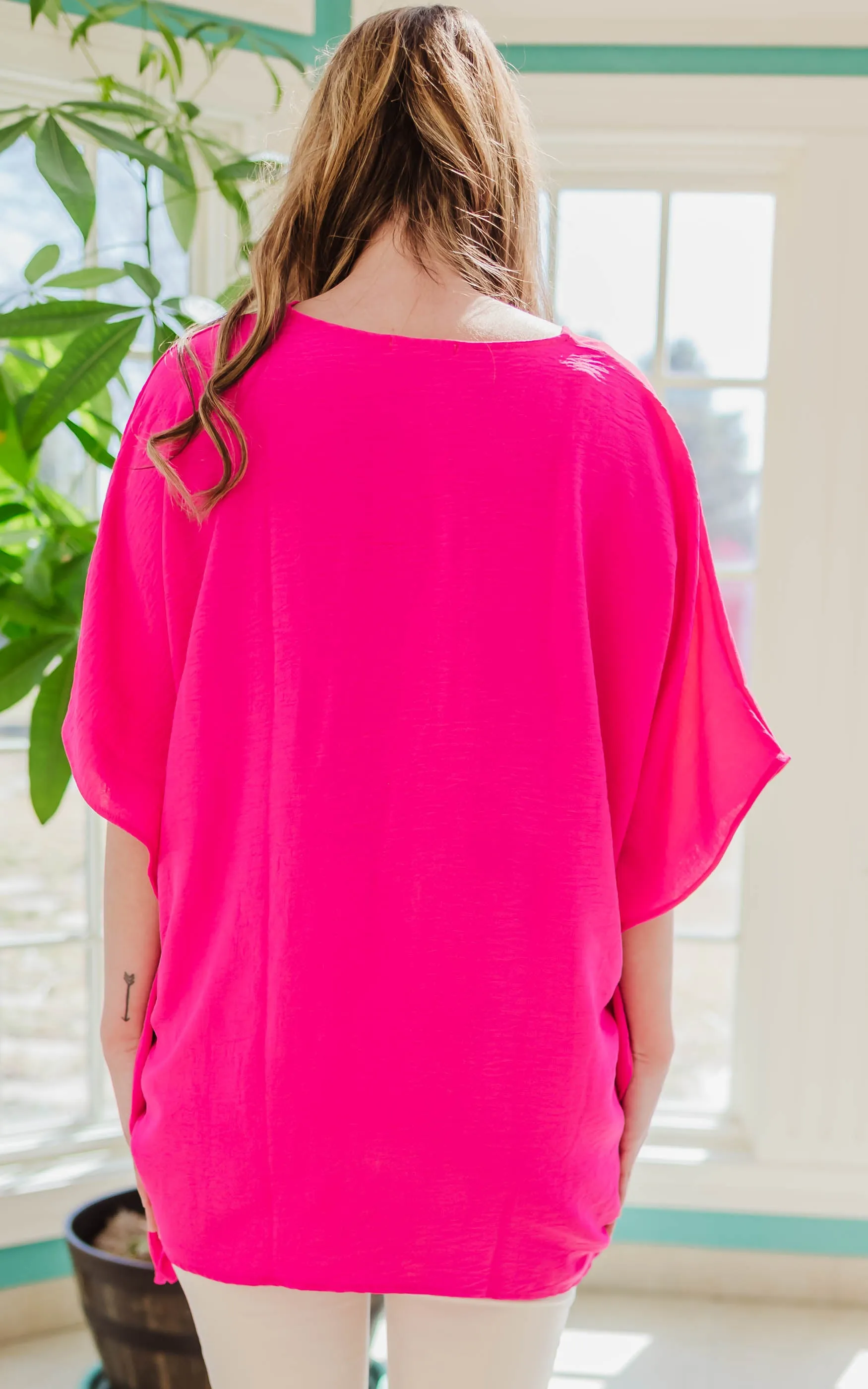 Fuchsia V-Neck Oversized Tunic Top - Final Sale