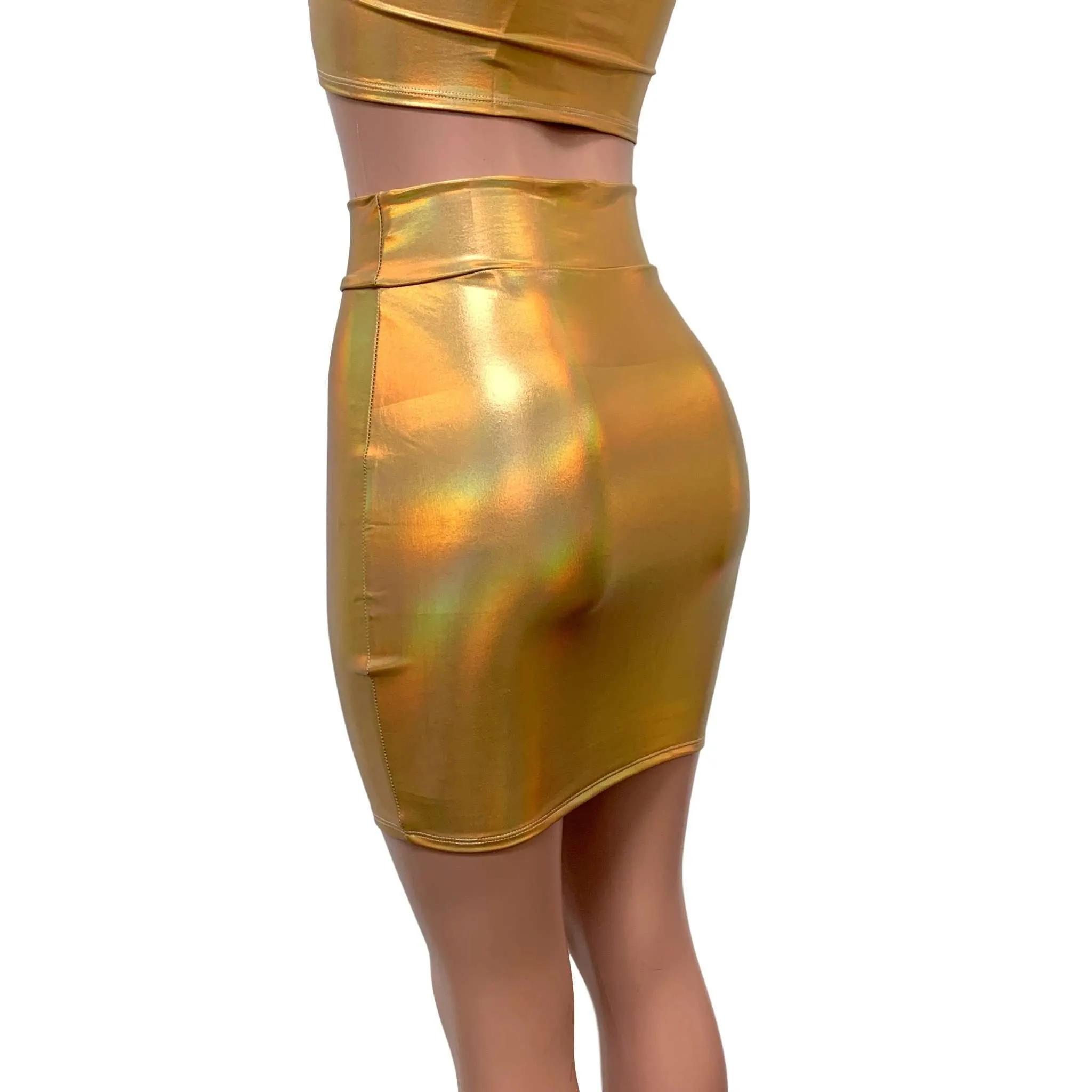Gold Opal Holographic High Waisted Pencil Mini Skirt