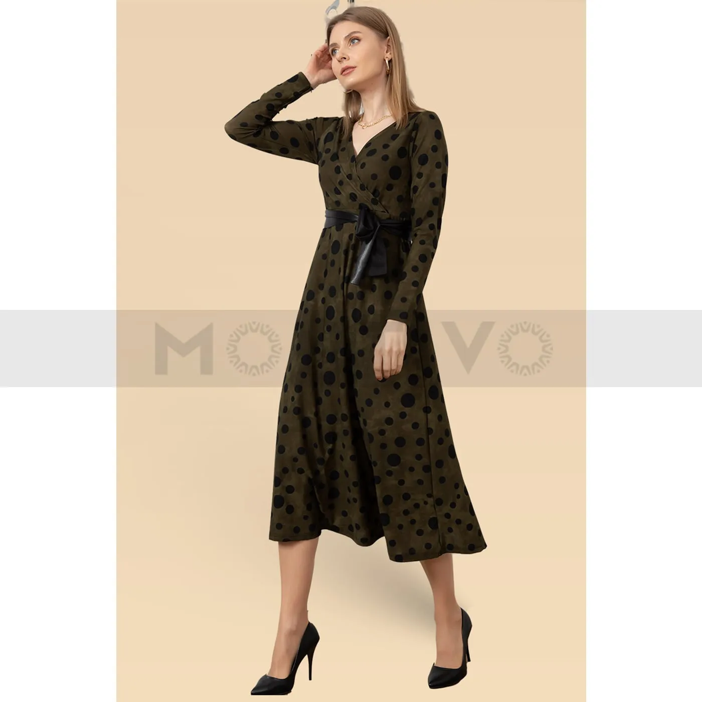 Green Belted Dotted Dress