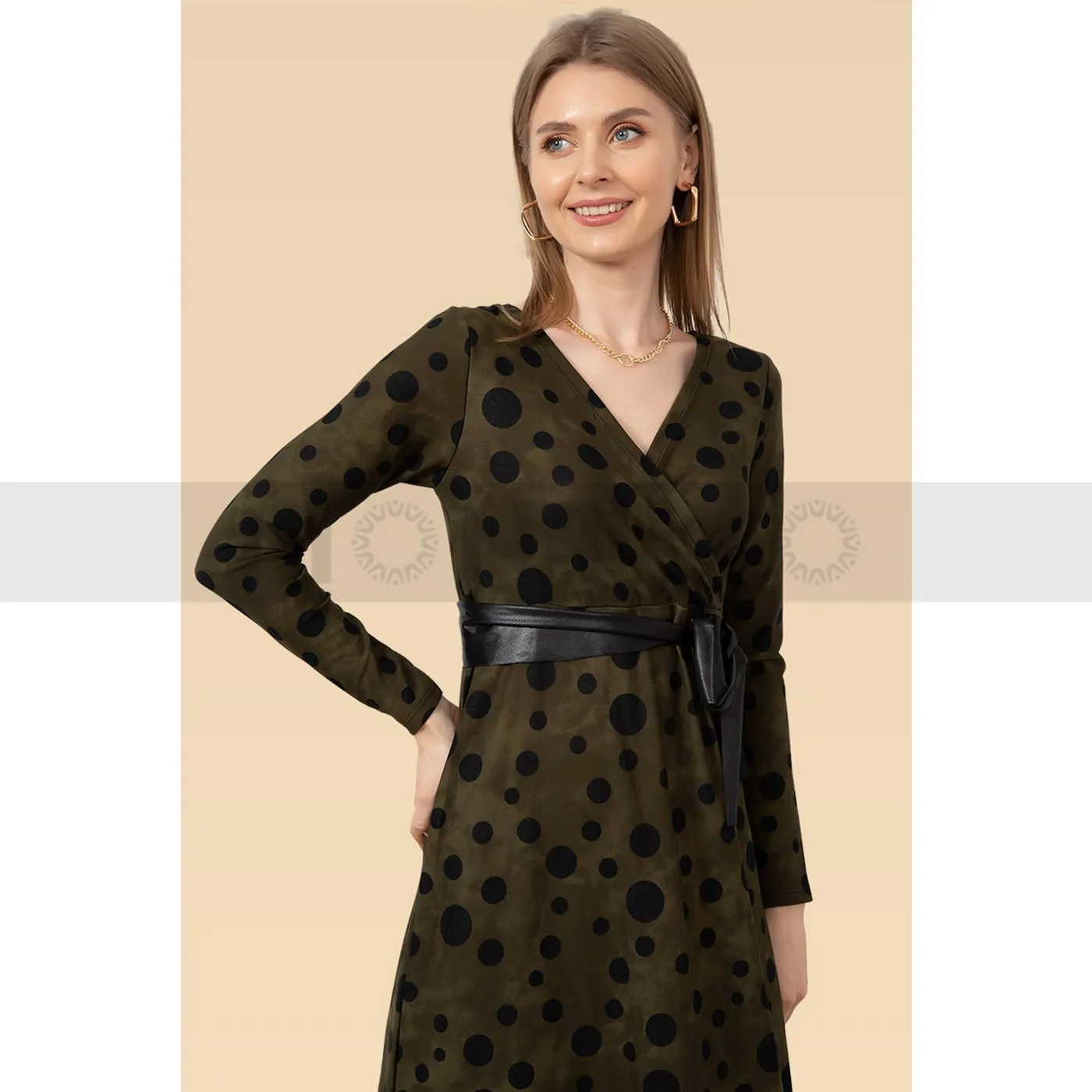Green Belted Dotted Dress