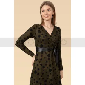 Green Belted Dotted Dress