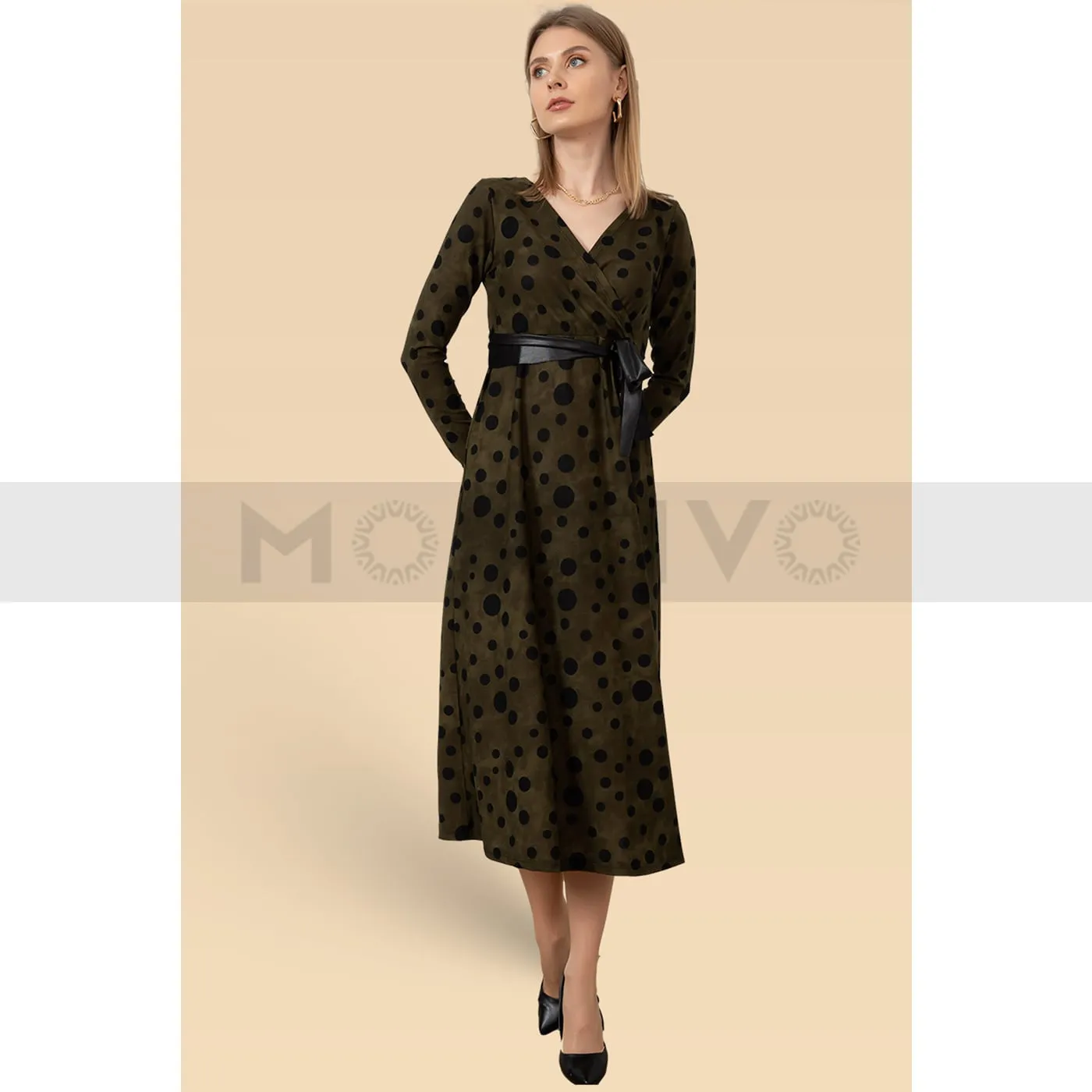 Green Belted Dotted Dress