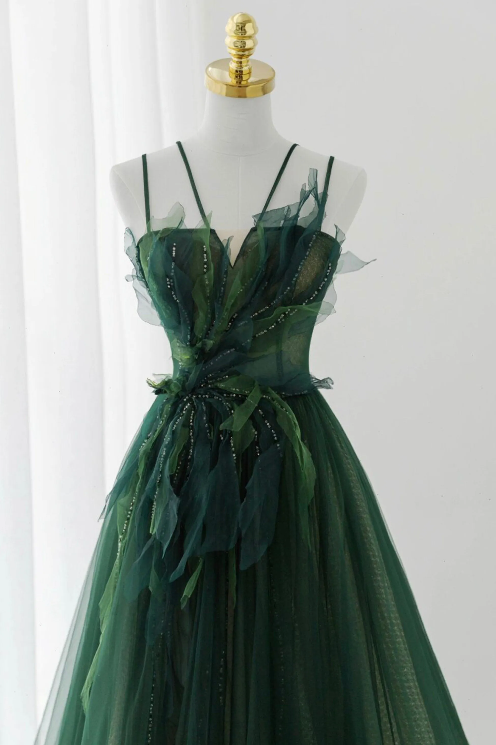 Green Tulle Long A-Line Prom Dress, Beautiful Spaghetti Straps Evening Dress