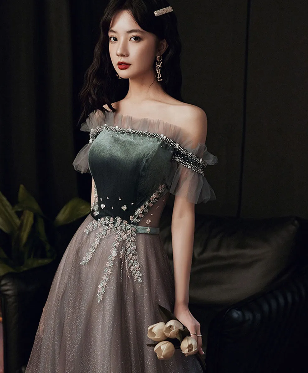 Green/Gray Sequin Long Prom Dresses, Green/Gray Formal Graduation Dress with Beading