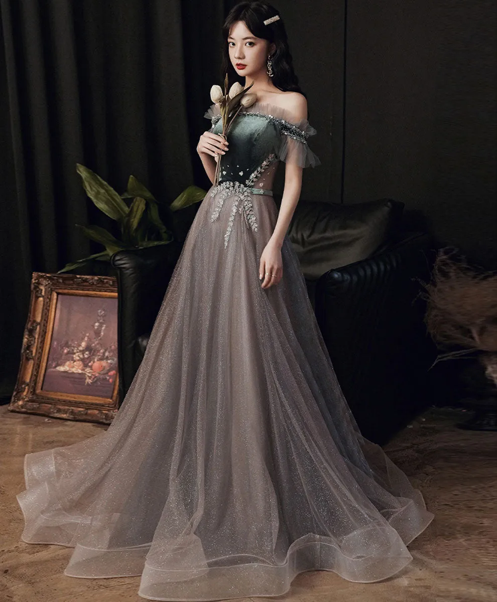 Green/Gray Sequin Long Prom Dresses, Green/Gray Formal Graduation Dress with Beading