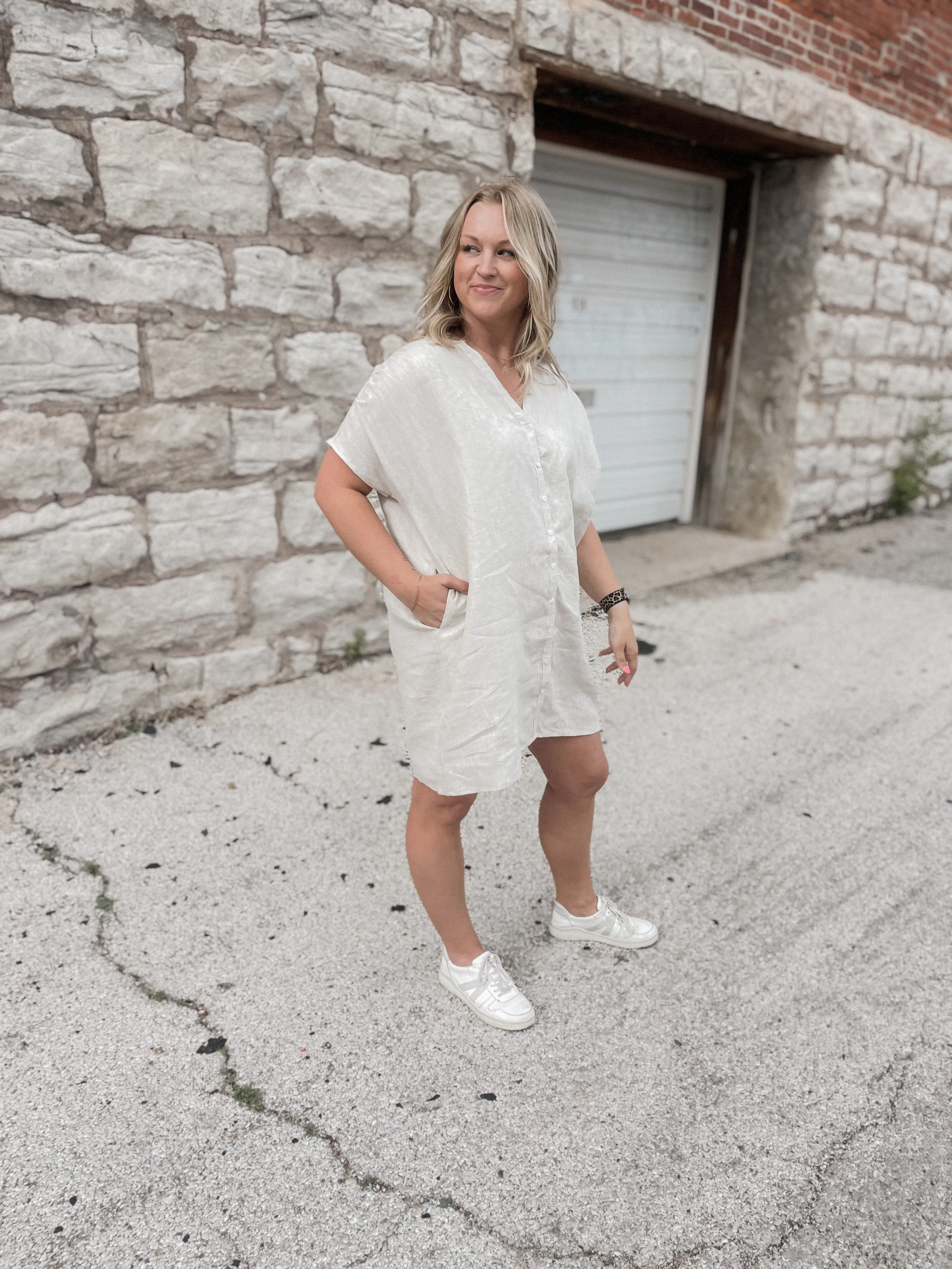 Greige Boxy Linen Short Sleeve Dress