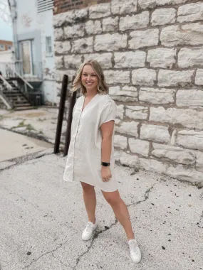 Greige Boxy Linen Short Sleeve Dress
