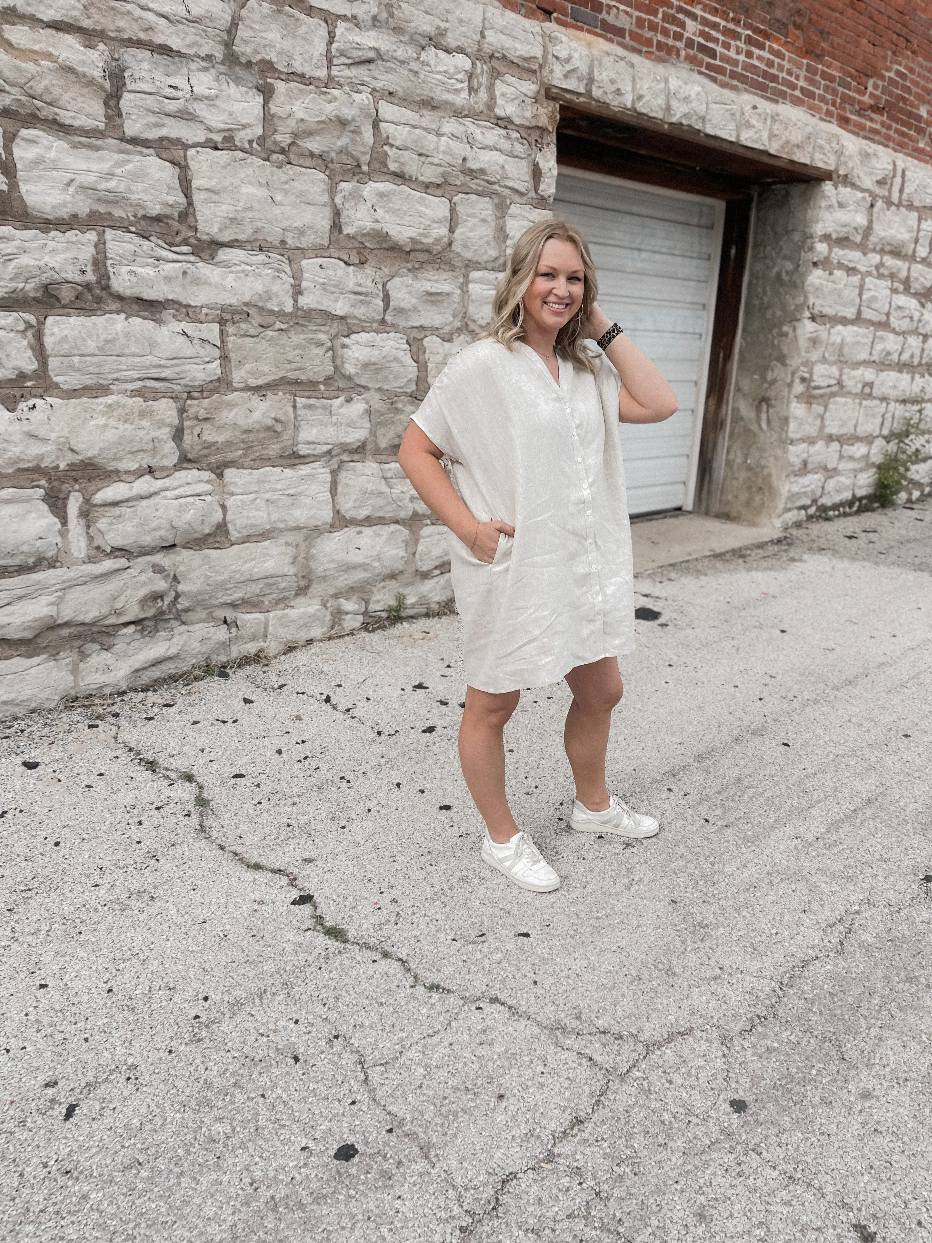 Greige Boxy Linen Short Sleeve Dress